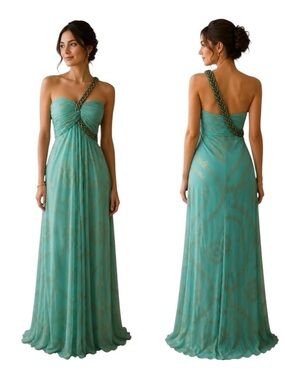 Betsy & Adam One Shoulder Aqua Chiffon Gown Gold Metallic Formal Dress 12